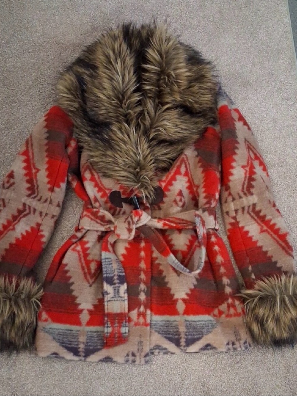 Boston Proper Red and Tan Aztec Teddy Jacket with Faux Fur Trim